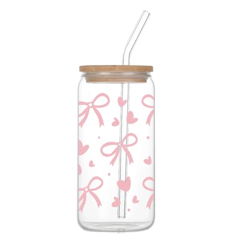 Onperpoe Rosa Schleife Glas mit Deckel und Strohhalm Ästhetisch Trinkgläser in Dosenform Kaffeetasse Iced Coffee Glas Cocktailgläse Kleine Geschenke für Frauen Mädchen Freunde (500ml)