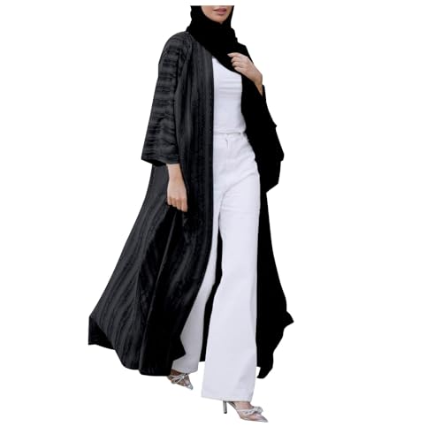 Mode Muslimischen Kimono Abaya Cardi Robe Gestreiften Ethnischen Cardigan Mittleren Kaftan Mit Taschen Muslim Dress (Black, L)