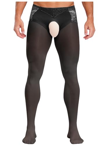 TiaoBug Herren Ouvert Strumpfhose Utra-Dünne Feinstrumpfhose Spitze Leggings Wetlook Stockings Stretchy Pantyhose für Cosplay Nachtclub Schwarz XL