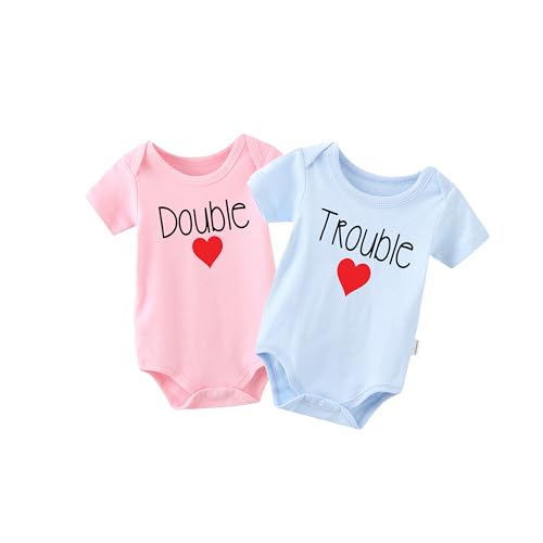 QIANWANYI Baby Zwillinges Baby Bodys Double And Trouble Neugeborenen Strampler Jungen Mädchen Geschenk Zwillinge Babybekleidung(rosa blau Double 3m)