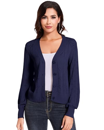 SIMIYA Strickjacke Damen V-Ausschnitt, Festlich Elegant Cardigan Damen, Casual Langarm Knopfleiste Solider Bolero(Marineblau,S)