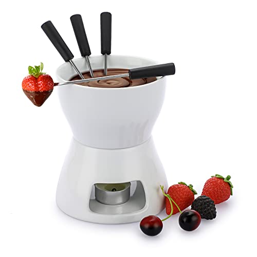 TOLIDA Keramik-Schokofondue-Set Weiße Käsefonduetopf aus Porzellan mit 4 Gabeln Schokoladenschmelzer Fondueset 400ML Mini Hitzebeständigbrenner Teelichtfondue für Süßigkeiten Butter Käse