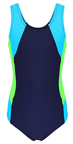 Aquarti Mädchen Badeanzug mit Ringerrücken – Sport Badeanzug Mädchen, Chlorresistent, Farbe: Dunkelblau/Neongrün/Hellblau, Größe: 164