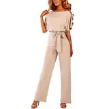 amropi Damen Kurzarm O-Ausschnitt Elegant Lang Jumpsuit Overall Hosenanzug Playsuit Romper Beige,S