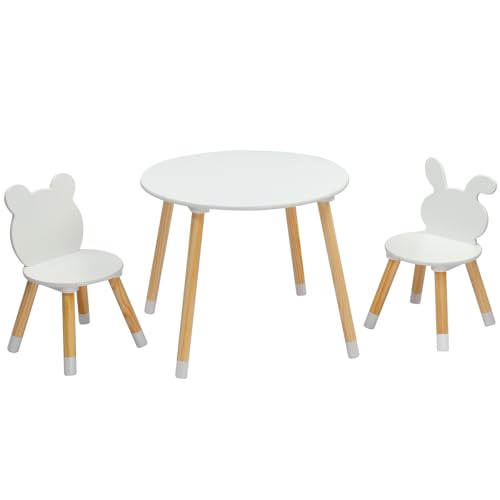 LEADZM Kindertisch mit 2 Stühlen, Kindersitzgruppe, Sitzgruppe für Kinder, mit Kiefer Beine Kindermöbel für Kinderzimmer Kindergärten Weiß