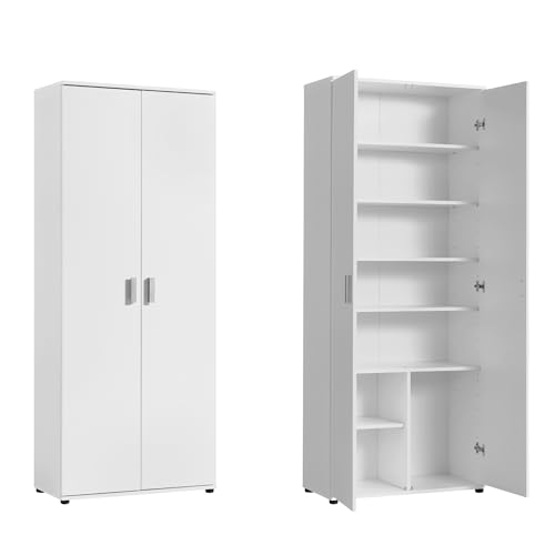 Mehrzweckschrank 75 cm breit mit 2 Türen & 6 Einlegeböden, Vielseitiger Haushaltsschrank für Vorräte, Putzmittel, Akten, Universalschrank für Haushalt, Flur, Büro, Keller, 75x35x184 cm (BxTxH), Weiß