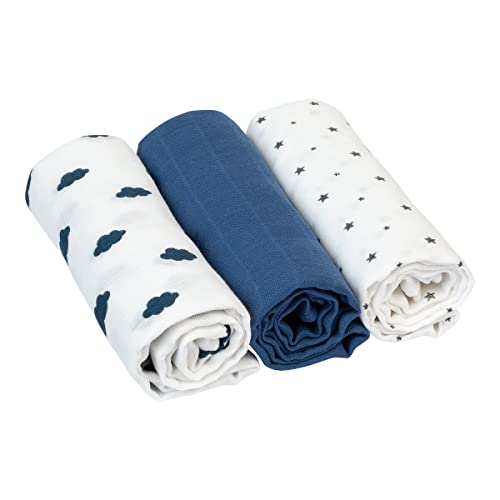 Bornino Basics Mullwindeln 80x80 cm Wolken und Sterne (3er-Pack) - Mulltücher aus reiner Baumwolle - Moltontücher ideal als Decke & Sonnenschutz - Blau