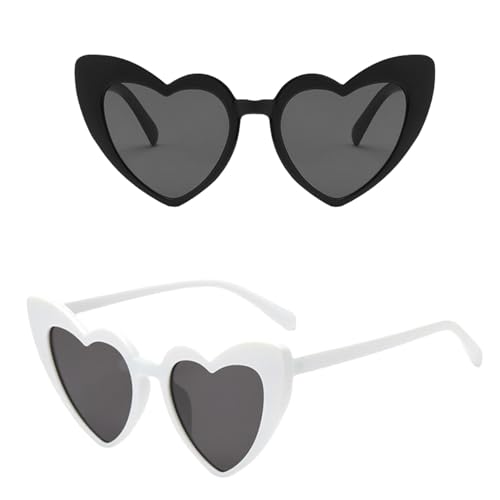 2 Stück Herz Sonnenbrille,Vintage Herzchen Brille für Damen und Herren,UV400 Schutz,Schwarz und Weiß Herzsonnenbrille,Sonnenbrille Herzform für Party,Hochzeit,Retro Herzen Brille für Fashionistas