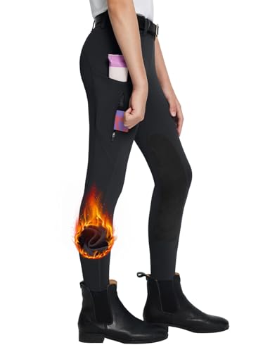 BALEAF Kinder Reithose Mädchen Reitleggings Vollbesatz-Reithose Fleece-Pferde-Reithose Leggings Taschen Strumpfhose Schwarz M