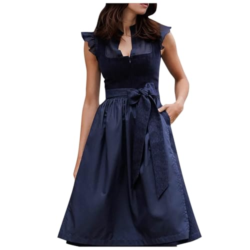 Dirndl Damen Midi Trachtenkleid - Schlicht Outfit Trachtenmode Vintage Set Elegant Kostüm Samt Blau Inkl. Dirndlschürze Karneval Oktoberfest Outfit (09202-Dark Blue, M)