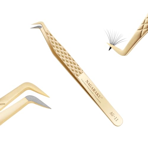 NAGARAKU Faserspitze Volumenpinzette Gebogene Wimpernverlängerungspinzette Professionelle Präzisionspinzette Edelstahl Antistatisch Rutschfester Gripp Pinzette für Mega Wimpernblüten (7 Shape AG-11)