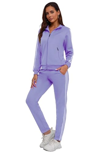 MSKBJT Jogginganzug Damen 2 Teiliges Lounge Set Trainingsanzug Frauen Streifen Sportanzug Fitnessanzug mit Taschen Purple-L