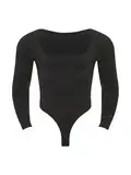 Runhomal Herren Langarm Tanzbody Eng Strech Bodysuit High Cut Stringbody Einfarbig Unterhemd Gymnastik Leotard Glänzend Kostüm Schwarz M