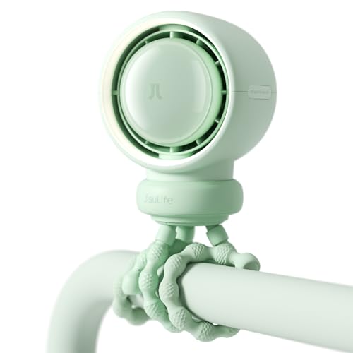JISULIFE Kinderwagen Ventilator Tragbar, Kleiner Batteriebetriebener Ventilator mit 5 Geschwindigkeiten, Luftreinigungs- und Luftverbesserungstechnologie, Flügellos, Lebensmittelecht – Grün
