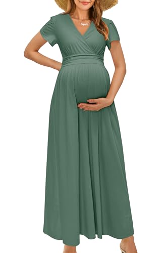 OUGES Damen Maxi Umstandskleider Lang Sommer Stillkleid V-Ausschnitt Kleider für Schwangere Lässiges Umstandsmode-XL