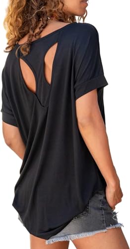 Fisoew Sportshirt Damen Fitness Kurzarm Yoga T-Shirt Leicht Gym Sport Oberteile Locker(Schwarz, L)