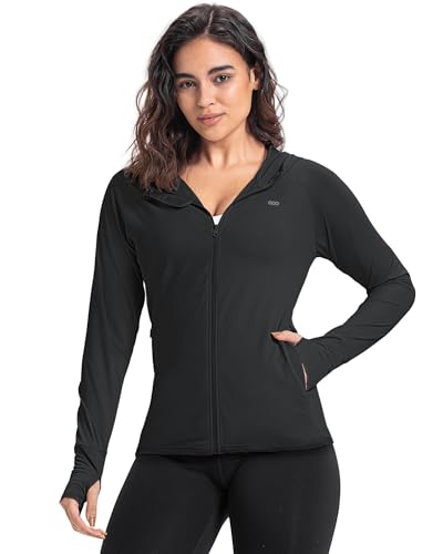 33,000ft Damen Leichte Laufjacke Sportjacke UPF 50+ Hoodie Full Zip Trainingsjacke mit Daumenloch Atmungsaktive Sweatjacke mit 4 Taschen für Laufen Fitness, Schwarz L
