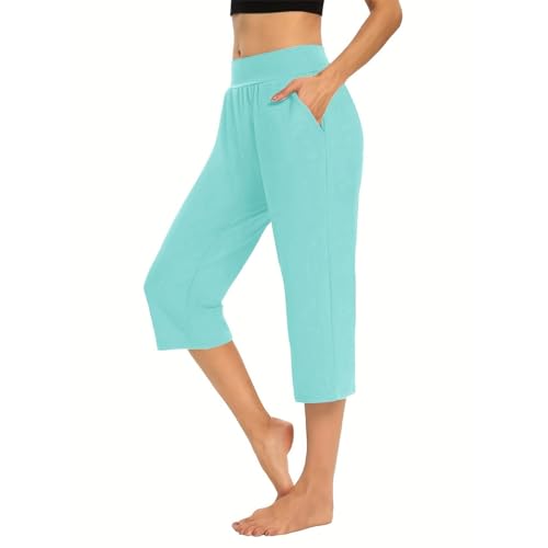 Jogginghose Damen 7/8 Länge Damen Cropped Pants Sommer Casual Pants mit Taschen Damen Casual Pants Unifarbene Einfache Lockere Dehnbare Taschen Athleisure-Hosen Jeggings Damen Stretch (Mint Green, XL)