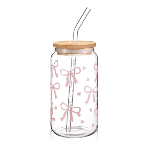 HSMHLYYB Glas Trinkbecher Mit Deckel Und Strohhalm, Bow Glasbecher 16 Oz, Iced Coffee Glas in Dosenform, Rosa Schleife Glasbecher, Vielseitiges Trinkglas Für Bubble Tea, Kaffee Oder Cocktail