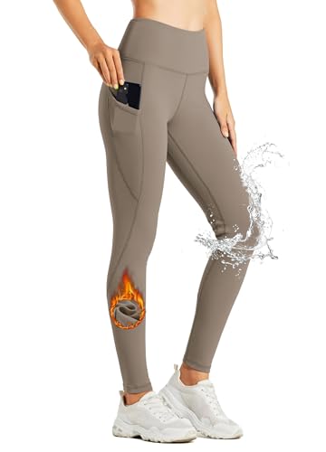 WILLIT Fleece gefütterte Leggings Damen Wasserbeständig Thermohose warme Winterhosen Yogahose Laufhose Strumpfhosen Hohe Taille Taupe M