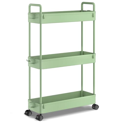 SOLEJAZZ 3-Tier Storage Trolley Cart Slide-Out Slim Rolling Utility Cart Mobile Storage Shelving Organizer für Küche, Bad, Waschküche, Schlafzimmer, schmale Orte, Kunststoff, Grün