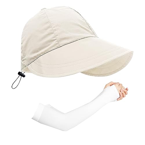 1 beige Damen-Sonnenblende-Hut mit 1 Paar Sonnenschutz-Handärmeln, Sonnenschutzstrandhut, Outdoor-Hüte mit breiter Krempe, kann für Camping, Reisen, Angeln, Einkaufen verwendet Werden