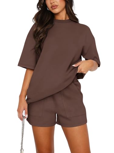 REORIA Damen Tracksuit Kurzarm Rundhalsausschnitt Einfarbig Zweiteiler Hausanzug Loungewear Outfit Jogger Trainingsanzug Set Kaffee M