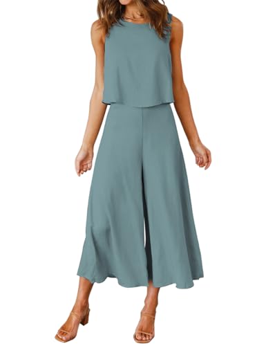 FANCYINN Damen Sommer Zweiteiliges Outfit Jumpsuit Festlich Hochzeit Lang Hosenanzug Ärmelloses Rundhals Tanktop Gekürzte Weites Bein Hose Playsuit Haze Blau L