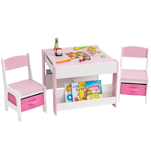 Yorbay Kindertisch mit 2 Stühle, Kindermöbel Set aus Holz mit Stauraum und Bücherregalen, 3 in 1 Maltisch & Aktivitätstisch & Tafeltisch, Kinderzimmer, Spielzimmer, Vorschüler (Rosa)