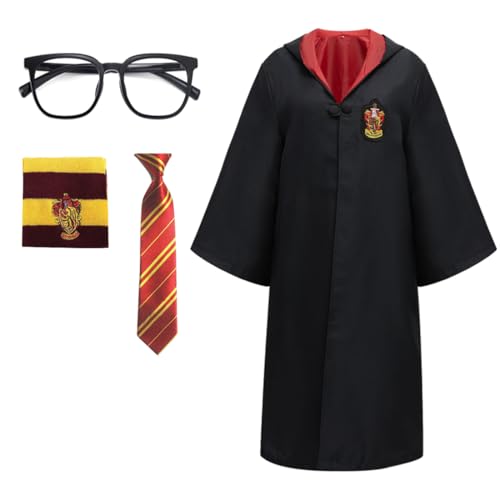 Capaneus Zauberer Kostüm Kinder, Magier Robe, Zauberer Umhang Kostüm set für Kinder Erwachsene, mit Krawatte, Schal und Brillen, Unisex Uniform College Kostüm für Karneval, Halloween