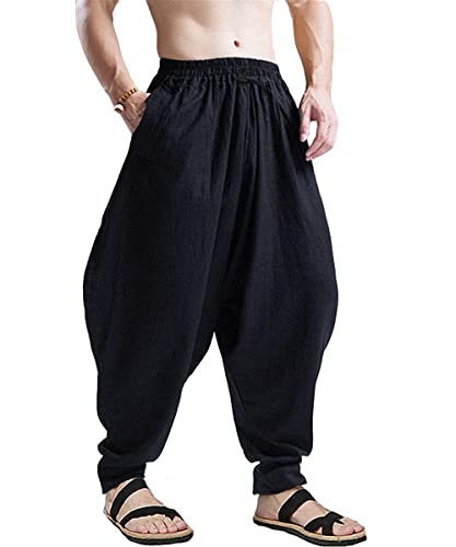 AITFINEISM Männer Haremshose Bequeme Elastische Taille Hosen Mode Einfarbig Casual Yoga Hippies Hosen (Schwarz 2,M)