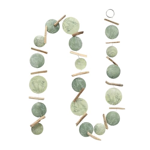 ReWu Capiz Girlande Fine mit Treibholz Capizmuscheln Grün Natur Hängedekoration Wohndekoration Muschelkette Fensterdeko Muschelplättchen Dekokette Kette 180 cm