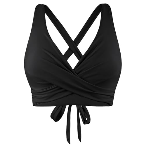 Bikini Oberteil Schwarz Push Up Bikinioberteile für Damen Große Brüste Wickeloptik V Ausschnitt Bademode Sexy Crossback Bikini Top Große Größen Sommer Strand Swimsuits mit abnehmbaren Pads