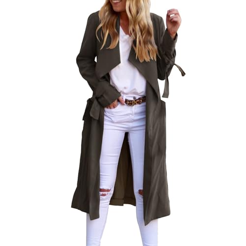 Generisch 2025 - Langer Trenchcoat für Damen mit offener Vorderseite, langärmelig, schmal, lässig, mit Taschen, winddichter Mantel mit Gürtel Strickjacke (Coffee, L)