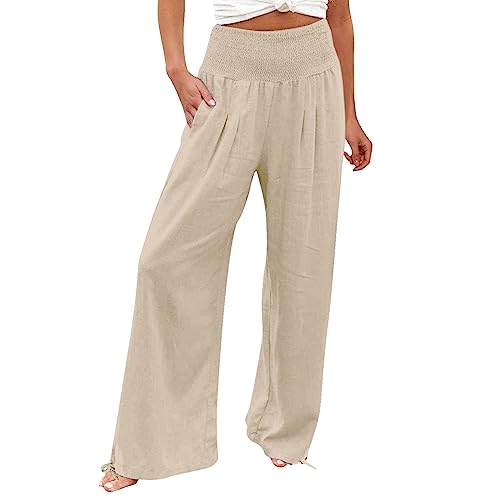 Damen Hosen Freizeit Taille, Taschen, elastischer Taille, einfarbig, lockere Hose, lässige Lange Hose Hose Damen Mit (Beige, XXL)