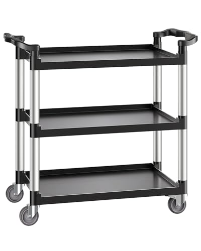 VEVOR Mehrzweckwagen, 226 kg Tragkraft, 3-stufiger Universalwagen aus Kunststoff mit 360° Schwenkrädern (2 mit Bremse), 106x49x98 cm großer Servierwagen für Lager, Büro, Zuhause, Restaurant, Küche