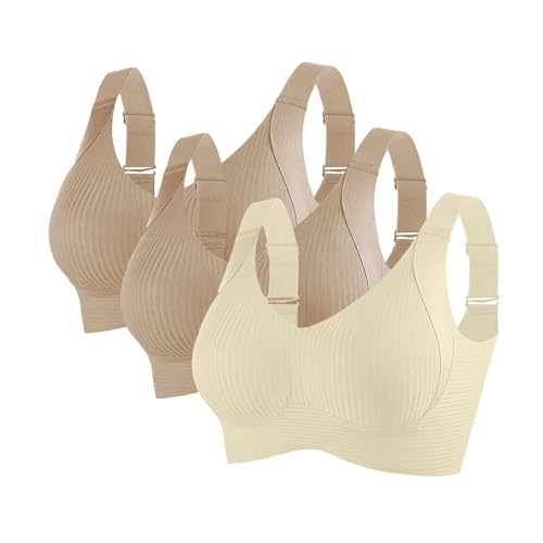 Guhmomh Nahtlose Frauen Push up BH Damen Ohne Bügel 3er Pack Minimizer BH Bequemer Lifting Anti-Sagging Bras Klassische Gestreift Bustier Top Atmungsaktiv Bralette Gutscheine Khaki Weiß XL