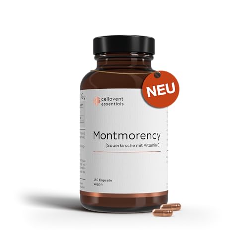 Montmorency Sauerkirschen Kapseln | 67.500 mg (50:1 Extrakt) pro Tagesdosis | 180 vegane Kapseln, 3 Monate | mit Vitamin C zur Immunabwehr | 1.350 mg Kirsch-Extrakt entspricht 67.500 mg Kirsch-Pulver