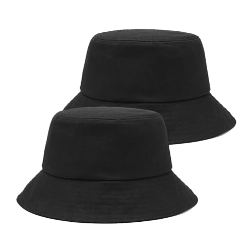 FUIPVGI 2 Stück Schwarzer Baumwoll-Hut Sommerhut Sonnenhut,Reversible Eimer Sonne Hüte Faltbar,Fischerhüte Regen Hüte Sommer Eimer Hut für Frauen Männer Golf Wandern Outdoor Urlaub(Schwarz)