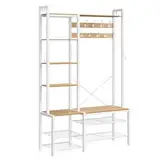VASAGLE Garderobenständer mit Schuhbank, Garderobe, 5 Regalebenen aus Spanplatten, 9 Dreifach-Haken, 6 seitliche Haken, 40 x 120 x 190 cm, goldeichenfarben-wolkenweiß HSR426Y01