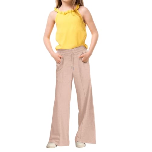Mädchen Hose Sommer Baggy Weites Bein Leinenhose Lässige Baumwolle Leinen Stoffhose Freizeithose Leichte Sommerhose Strandhose Bequeme Palazzo Hose und Taschen (Pink, 12-13 Years)