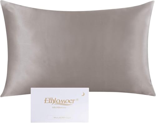 Ethlomoer Kissenbezug aus natürlicher Reiner Seide für Haar und Haut, beidseitig 19 Momme, 600 Fadenzahl, Design mit verstecktem Reißverschluss, 1 Stück 40x60cm Dunkelgrau