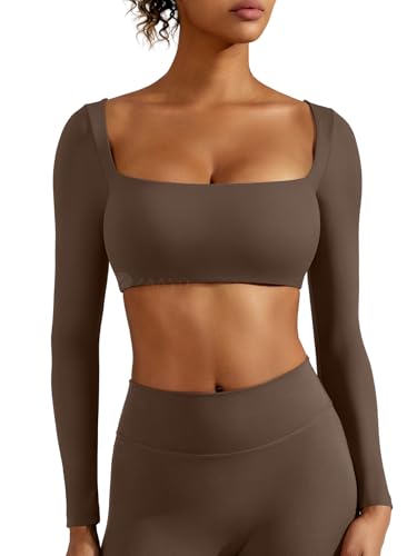 ZAAYO Langarm Crop Top Damen Langarm Gym Top Sport Oberteil Mit Eingebautem BH Basic Langarmshirt Damen Longsleeve Shirt mit Quadratischem Ausschnitt Coffee M