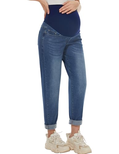 AVOG Umstands-Boyfriend-Jeans, hohe Taille, dehnbar, Denim, Schwangerschaftshose mit 4 Taschen, Dunkelblau, X-Groß