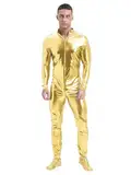 iEFiEL Herren Overall Metallic Ganzkörperanzug Langarm Body Silber Kostüm Sportlich Bodysuit Einteiler Gymnastikanzug Gold M