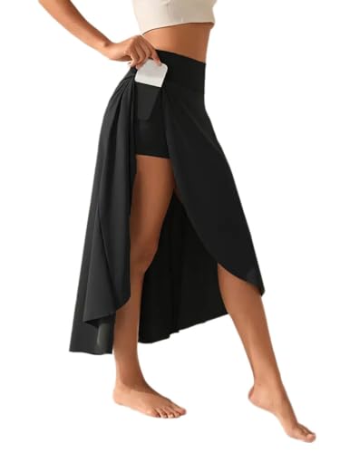 Onsoyours Damen Ruffle Wickelrock Lang Asymmetrische Rock Tennisröcke Hohe Taille Tennis Rock mit Taschen Laufröcke Sport Golfrock mit Innenhose Sommer Rock A Schwarz XL