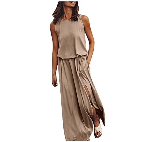 Sommerkleidung Damen Sale Kleider Damen Festlich Elegant Sommer Sommerkleid für Damen ärmelloses Rundhals-Maxikleid einfarbiges Kleid mit Gabelöffnung Weißes Langes Kleid