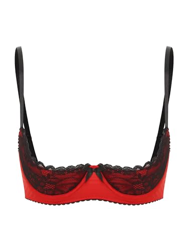 FEESHOW Damen BH Hebe Brustfrei BH Busenfrei Offene Brüste Dessous Spitze Unterbrust Bralette Erotische Unterwäsche Lingerie Rot_A M