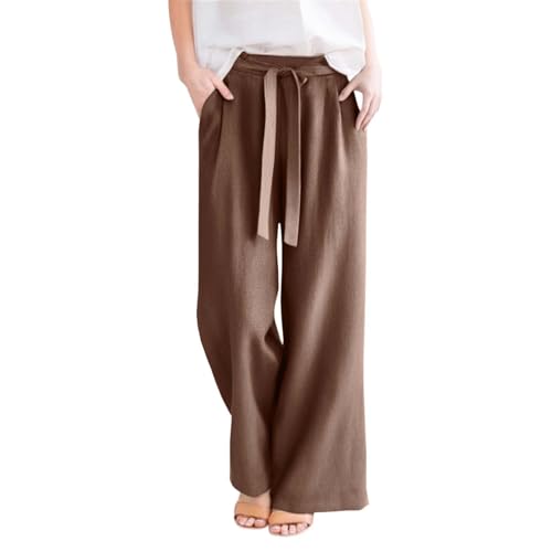 Generisch Damen Freizeitpants mit weitem Bein hoher Taille Kordelzug lässige Leinenhose für komfortable Sommermode (Coffee, L)