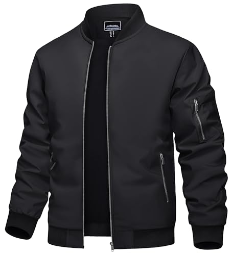 TACVASEN Herren Bomberjacke Fliegerjacke Übergangsjacke Leicht Pilotenjacke Bomber Jacke Windjacke Herbstjacke für Männer (M, Schwarz)